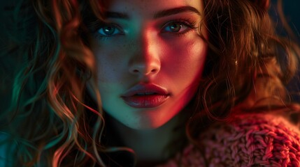 Naklejka premium Portrait of a young beautiful woman in neon light.