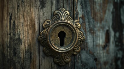 Antique bronze keyhole on a weathered wooden door.