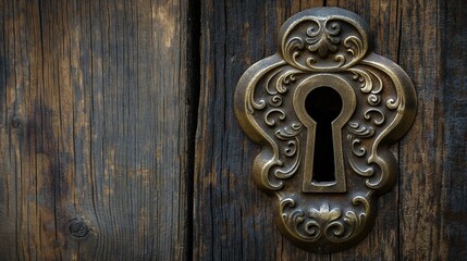 Antique bronze keyhole on a weathered wooden door.