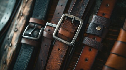 Collection of vintage leather belts with metal buckles on a wooden surface.