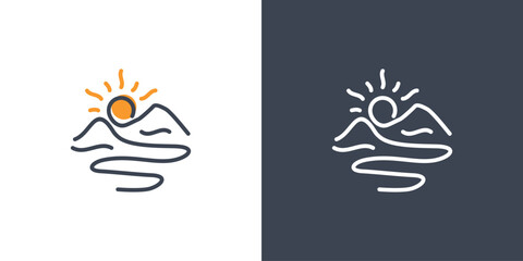 Mountain Sunrise Logo Design. Simple Mountain, Water Waves and Sun Combination Concept with Lineart, Outline, Minimalist Style. Icon Symbol Logo Design Inspiration.