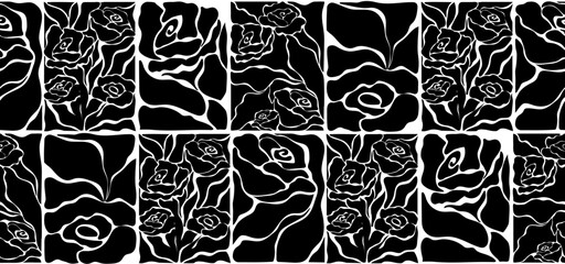 Groovy roses seamless pattern, hand drawn monochrome floral background. Aesthetic contemporary design for textile prints. Vector illustration.