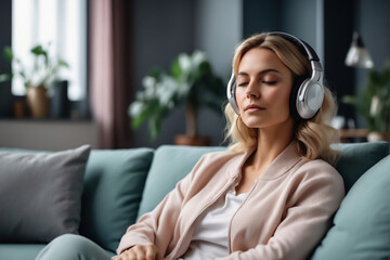 Entspannte junge blonde Frau genießt Musik mit Kopfhörern auf einem Sofa in einem stilvollen Wohnzimmer.