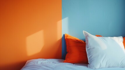 The background is completely mix Orange and blue with no texture and white pillow is in the right...