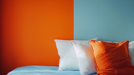 The background is completely mix Orange and blue with no texture and white pillow is in the right hand corner