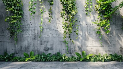 Interior design grey wall cement concrete blocks pattern with green plant leaves. AI generated image