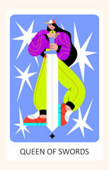 Tarot card. Minor Arcana Suit of Queen of Swords Tarot Cards. Trendy vector illustration.
