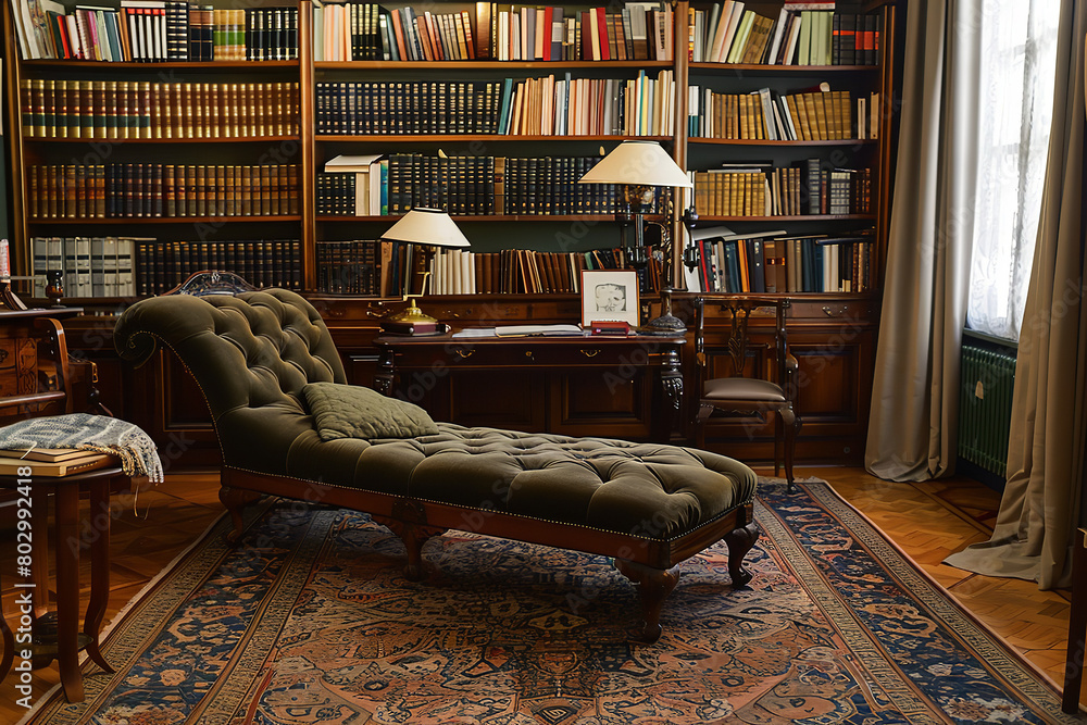 Sticker Inside a psychologist's office, adorned with Freudian decor and a classic chaise lounge, reflecting the deep roots of psychoanalysis