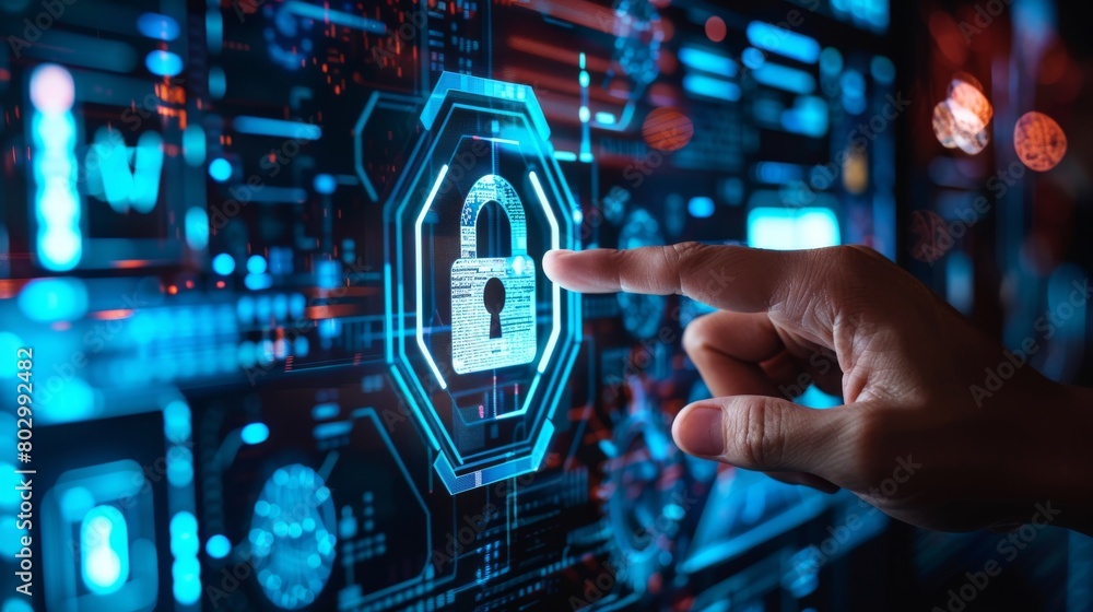 Poster safeguard digital identities with secure transactions and privacy protection measures, focusing on b