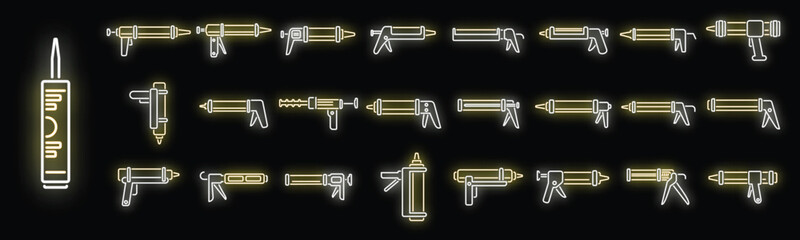 Silicone caulk gun icons set outline vector. Adhesive builder. Construction carpenter neon color on black