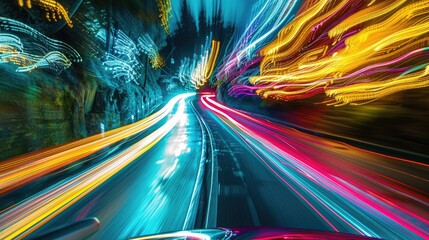 A vibrant magenta lens flare illuminates the electric blue automotive lighting on the car as it speeds down the highway at night, under a starry sky AIG50