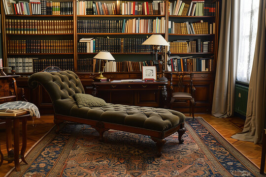 Inside a psychologist's office, adorned with Freudian decor and a classic chaise lounge, reflecting the deep roots of psychoanalysis