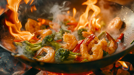 wok with well-fried shrimp and chopped vegetables on an open fire, flames visible above the cooking dish - Powered by Adobe