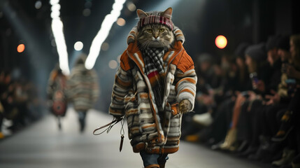Cat walking on a runway wearing as fashion week