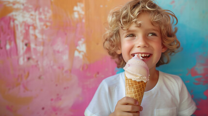 Young boy enjoys ice cream cone against vibrant pastel backdrop, smiling brightly, radiating joy and innocence. Playful contrast creates cheerful, captivating scene.
