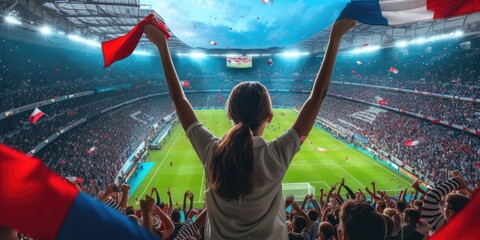 A lively crowd of fans with arms raised enthusiastically watch a soccer game in a vibrant stadium,...