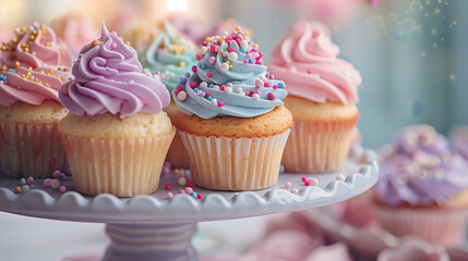 colorful cupcakes with frosting, sprinkles, artfully arranged on tiered cake stand. Pastel colors, decorations create whimsical, inviting scene.