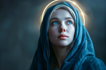 Virgin Mary with a heavenly halo, A woman with a blue veil on her head and a gold circle on her forehead