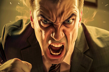A man in a suit is angry and has his mouth open