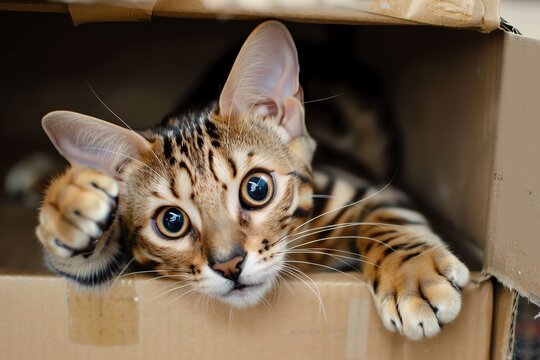 Bring the Bengal Cats playful spirit to life in a wide-angle view Capture its soft paw pads and warm eyes, all in a cardboard box setting Make its joy infectious