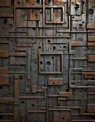 Intricate rustic metal grunge panel with geometric patterns, Generative AI.