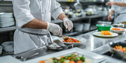 A image of a chef working in a busy commercial kitchen, preparing gourmet dishes and coordinating with kitchen staff