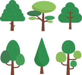 Fototapeta premium Hand drawn various types of green trees flat design set collection