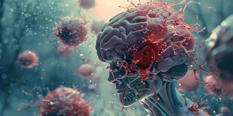 Fototapeta premium Cerebral Toxoplasmosis: The Brain Abscess and Headache - Imagine a person with a highlighted brain showing effects of Toxoplasma gondii infection, experiencing a brain abscess and severe headaches