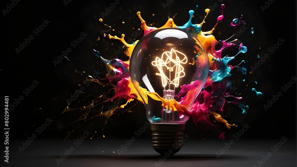 Poster an imaginative lightbulb splatters over a dark background, bursting into vivid color. thought about 