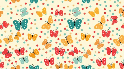 happy butterfly with color dots, seamless pattern nursery design cartoon style illustration with grungy texture, Generative Ai