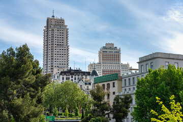 Skyline of the city of Madrid from the hill that houses the Temple of Debod.