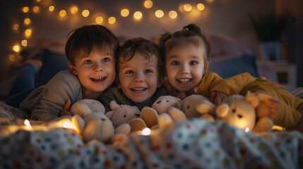 Fototapeta premium Children sit together on their bed, sharing precious moments of play, joy, and laughter. They showcase childhood innocence and the pleasures of companionship.