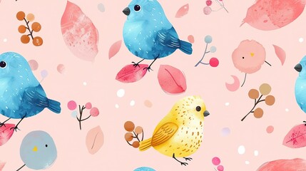 Obraz premium spring birds with flower and tree refreshing positive feeling, seamless pattern nursery design cartoon style illustration with grungy texture, Generative Ai