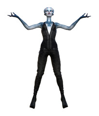 Illustration of a female alien with a large bald skull looking upward with arms raised isolated on a white background.