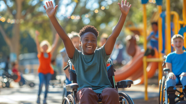 People of all abilities and ages participate in recreational activities together, such as adaptive sports and inclusive playgrounds. This emphasizes accessibility and equal enjoyment for everyone.