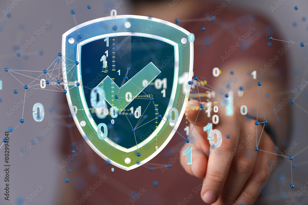 Poster Security Shield concept, data protection. Shield with dots and lines connectio