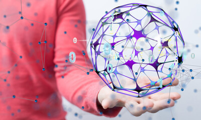 Global network. Blockchain. 3D illustration. Neural networks and artificial intelligence. Abstract ...