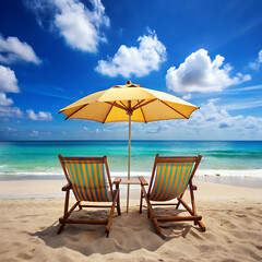 summer beach getaway, lounge chairs and umbrella on sandy shore - tropical vacation scene