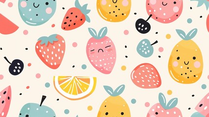 cute strawberry lemon fruit seamless pattern nursery design cartoon style illustration with grungy texture, Generative Ai