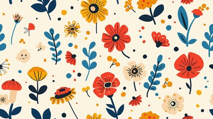 Fototapeta premium beautiful cosmos daisy flower seamless pattern nursery design cartoon style illustration with grungy texture, Generative Ai