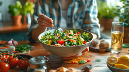 A person sits at a wooden table in a bright, airy kitchen, surrounded by an array of fresh fruits, vegetables, and whole grains, reflecting their commitment to a healthy diet.