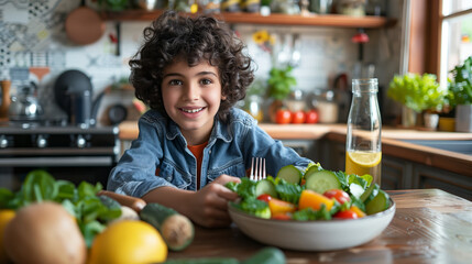 A person sits at a wooden table in a bright, airy kitchen, surrounded by an array of fresh fruits, vegetables, and whole grains, reflecting their commitment to a healthy diet.