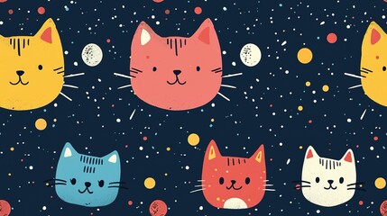 happy baby cat kitten smiling animal face with flowers , seamless pattern nursery design cartoon style illustration with grungy texture, Generative Ai