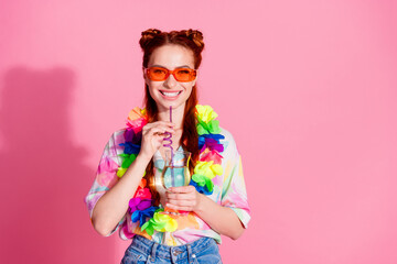 Portrait of cheerful red hair knot cool cheerful girlfriend in sunglasses taste sweet alcohol cocktail isolated on pink color background