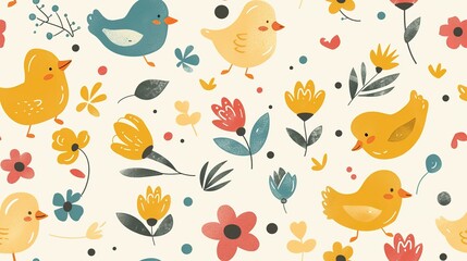 spring birds with flower and tree refreshing positive feeling, seamless pattern nursery design cartoon style illustration with grungy texture, Generative Ai