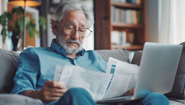 Senior man with beard reviewing financial statements on laptop at home.