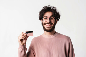 Happy young man with glasses holding a credit card.