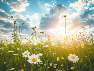Idyllic Summer Meadow under a Cloudy Sky