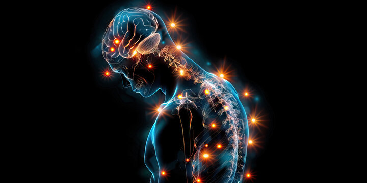 Central Pain Syndrome: The Chronic Pain and Sensory Abnormalities - Picture a person with highlighted brain areas showing central nervous system damage, experiencing chronic pain and sensory
