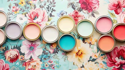 row of open cans with paint in muted pastel colors on a floral print wallpaper flat lay